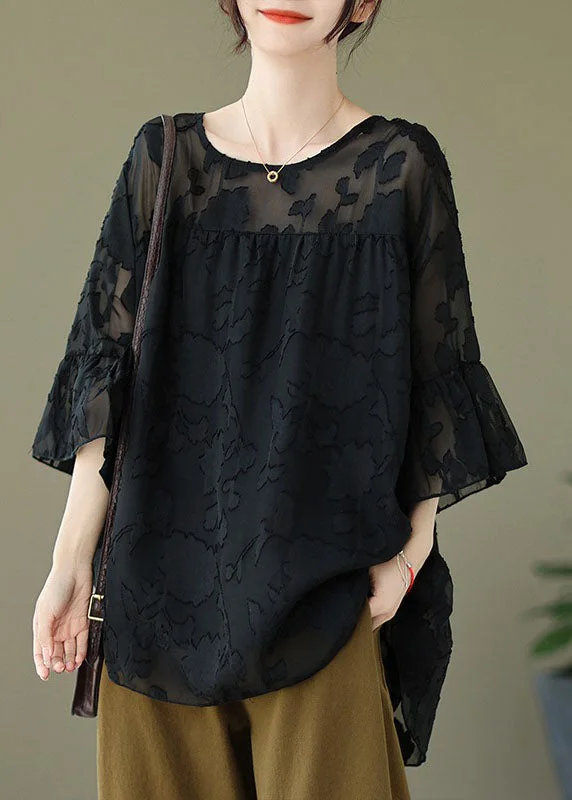 Plus Size Black O Neck Patchwork Chiffon Shirt Flare Sleeve