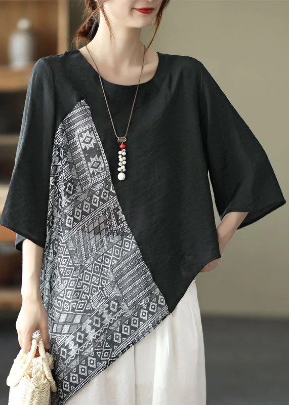 Women Black Asymmetrical Print Patchwork Cotton Blouses Summer