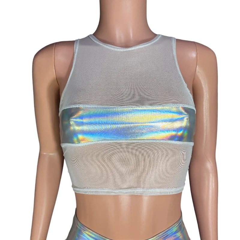 Opal and Mesh Censor Crop Tank - White Mesh w/ Opal Iridescent Holographic