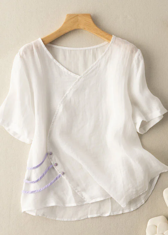 Boho White V Neck Button Patchwork Linen Shirt Top Summer