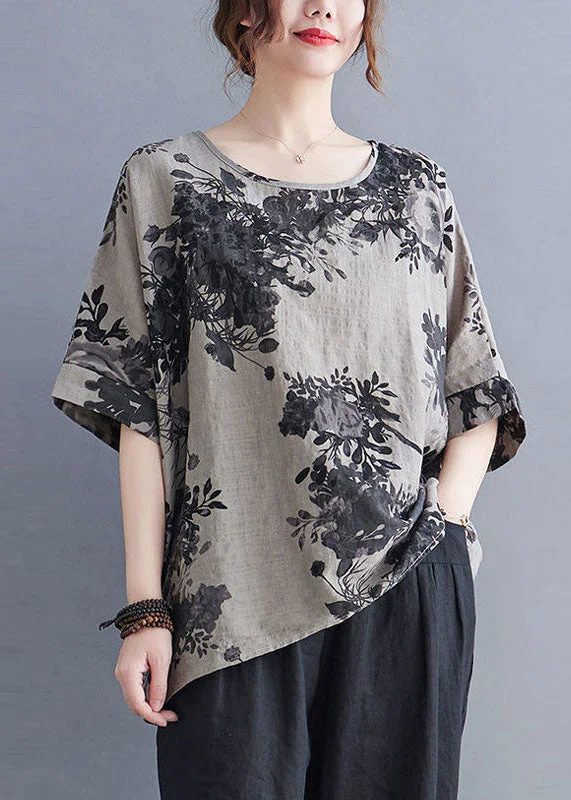 Bohemian Grey O Neck Print Patchwork Cotton Top Summer