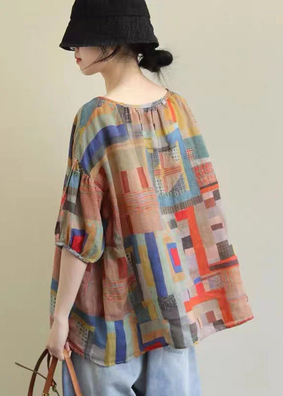 Plus Size V Neck Geometric Print Patchwork Linen T Shirts Top Summer