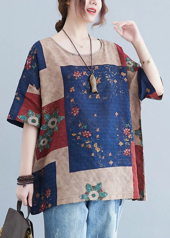 Plus Size Navy O Neck Print Patchwork Cotton T Shirts Summer