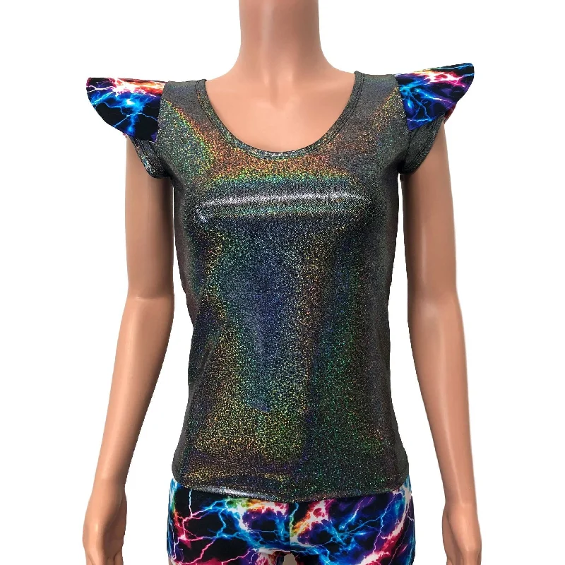 SALE - SMALL - Bowie Sleeve Top - Gleaming Silver Holographic Cap Sleeve Top