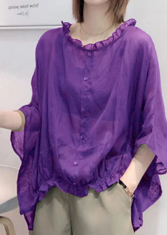 Plus Size Purple Tops Ruffles Trim Shirts Blouse Half Sleeve