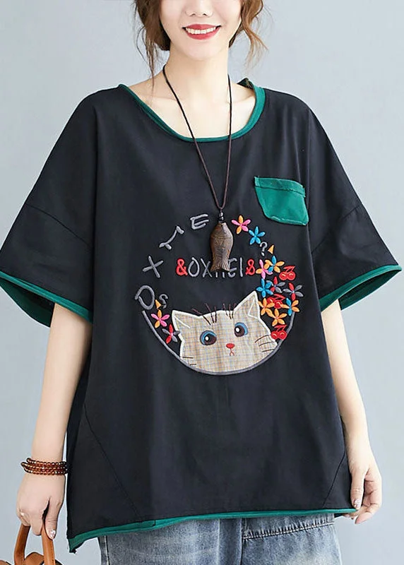 Casual Black Cats Embroidered Patchwork Cotton Shirt Tops Summer