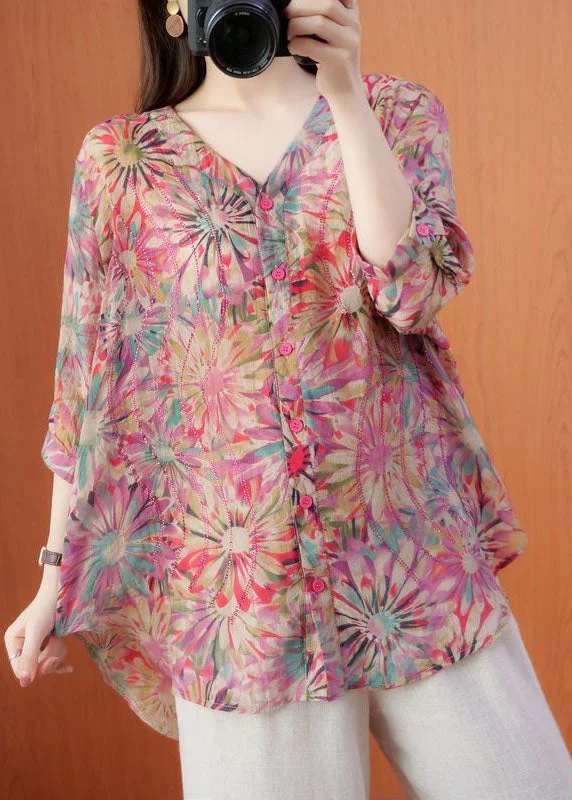 Loose Pink V Neck Print Zircon Cotton T Shirt Top Summer