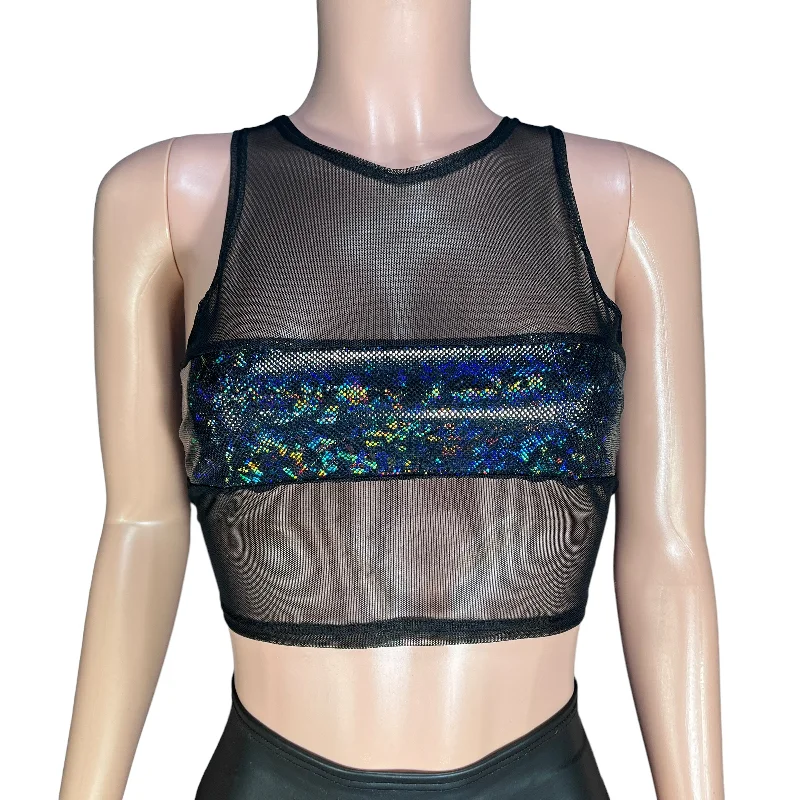 Mesh Censor Crop Tank - Black Mesh w/ Black Shattered Glass Holographic