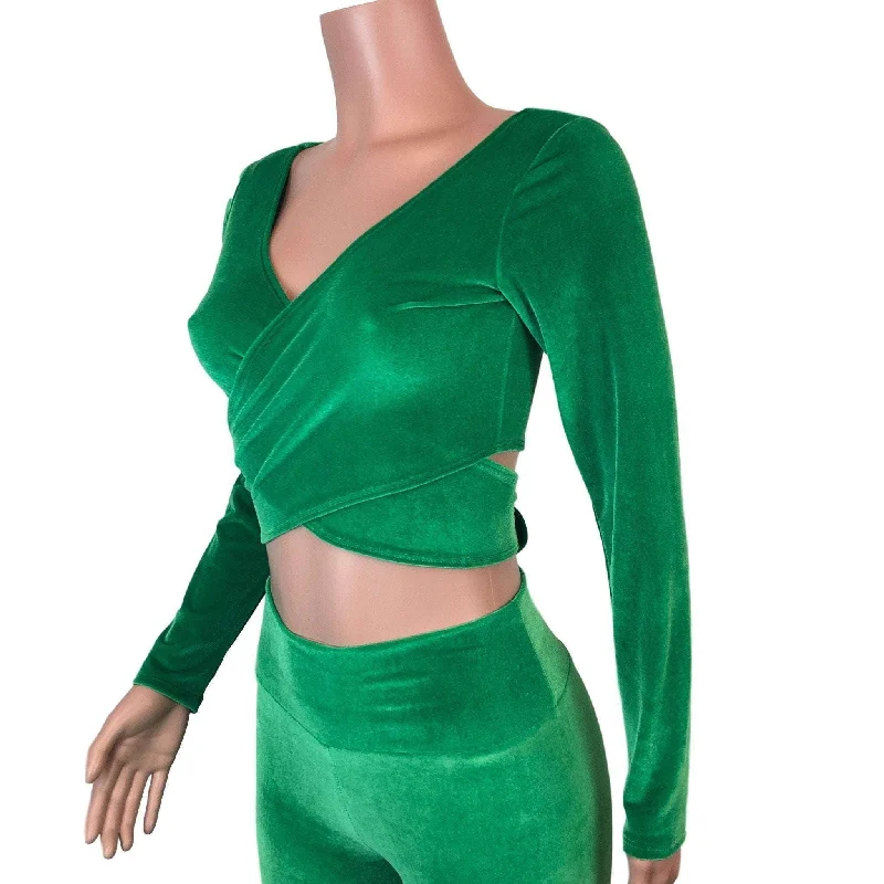 Long Sleeve Crop Wrap Top - Kelly Green Velvet