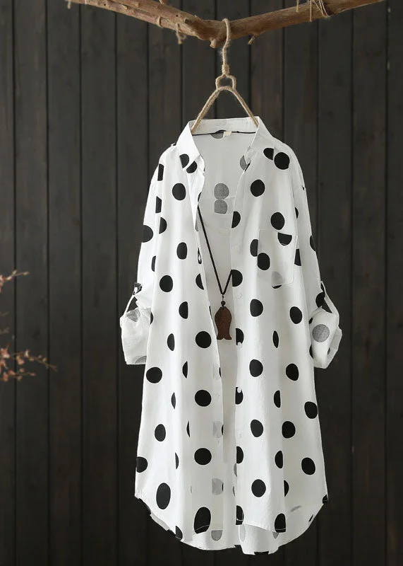 Italian Black Peter Pan Collar Dot Patchwork Cotton Shirt Top Long Sleeve