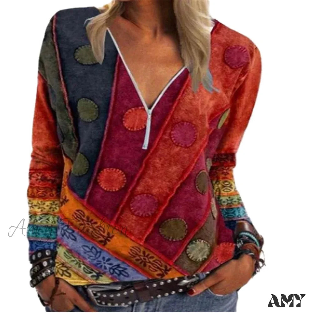 Amy Fashion - Vintage Printed Zipper V-neck Long Sleeve T-shirt