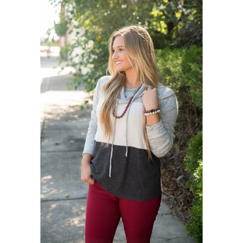 Grey Color Blocked Cowl Neck Sweatshirt