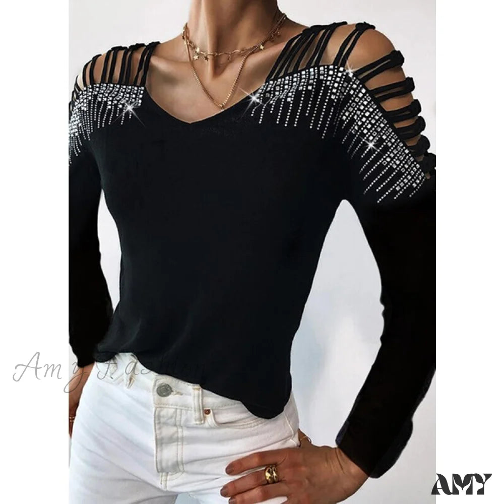 Amy Fashion - Sequins Cold Shoulder Long Sleeves Irregular V-neck Shirt