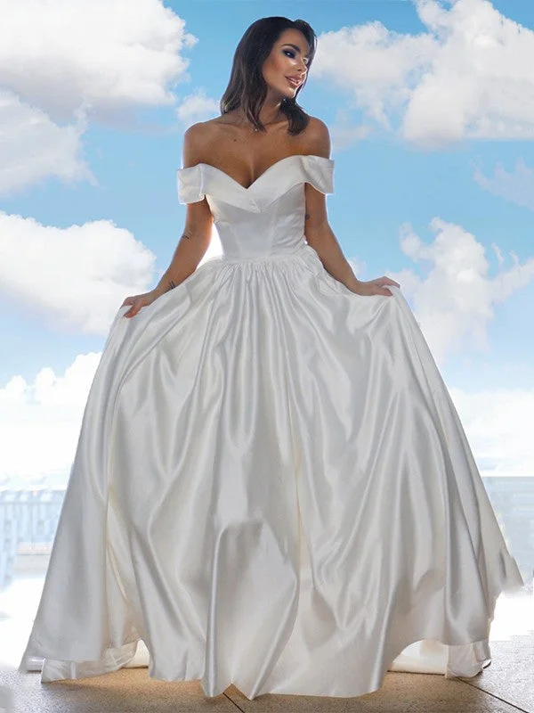 Ball Gown Satin Ruffles Off-the-Shoulder Sleeveless Court Train Wedding Dresses