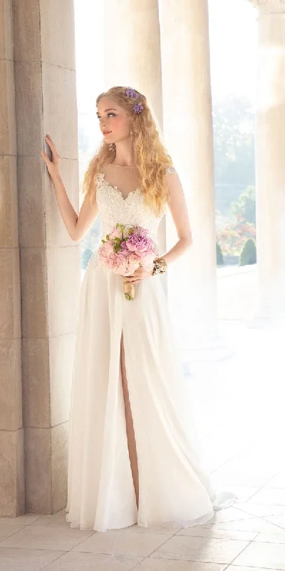 Illusion Cap Sleeve Chiffon A Line Dress with Floral Appliques