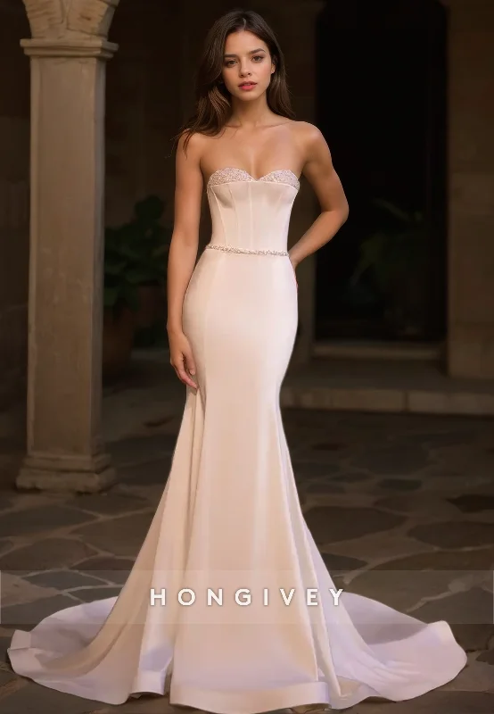 Sexy Satin Trumpt Sweetheart Strapless Beaded Empire With Train Wedding Dress