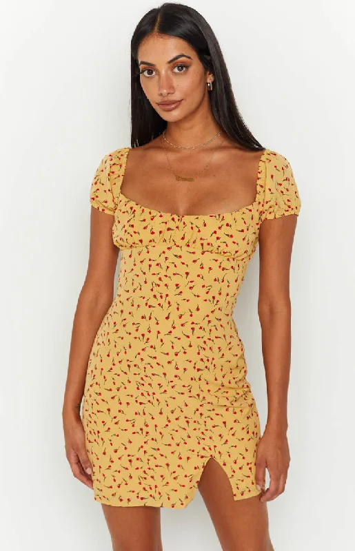 Love & Lust Yellow Floral Cap Sleeve Mini Dress