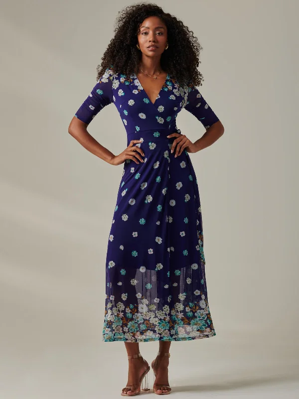 Stella Floral Print Wrap Mesh Maxi Dress, Navy Floral