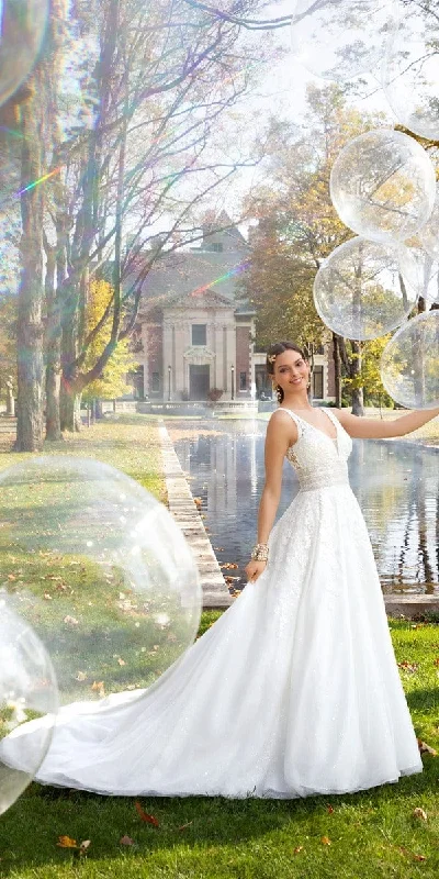 Glitter Embroidered Plunging Box Pleat Tulle Ballgown