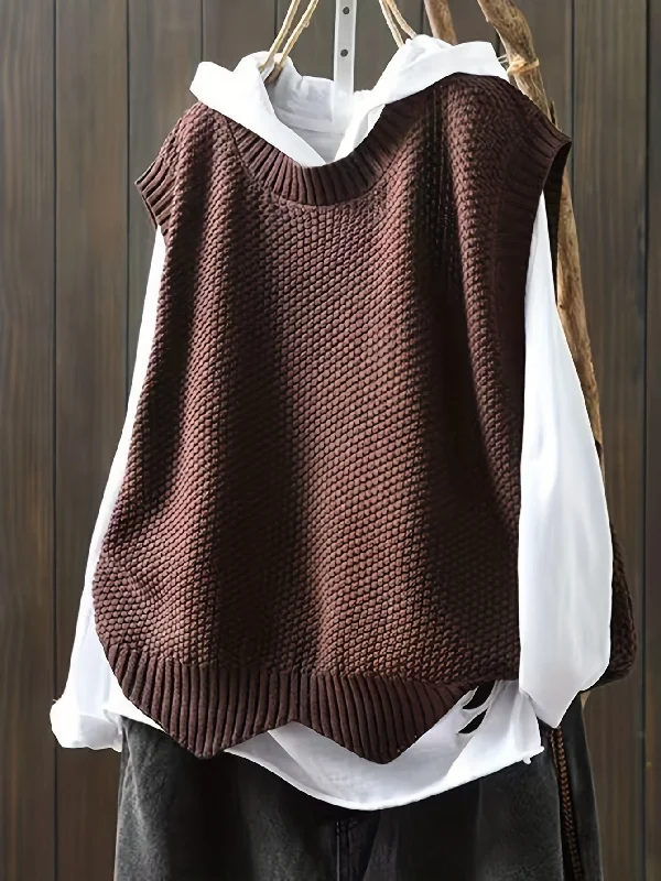 Sixsr Solid Crew Neck Knitted Vest, Casual Sleeveless Loose Sweater, Women's Clothing