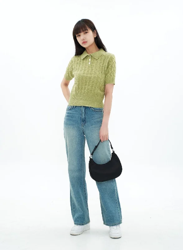 Cable Knit Collared Short-sleeve Sweater CA01