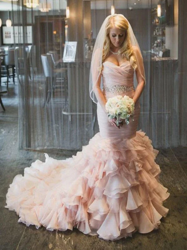 Trumpet/Mermaid Sleeveless Sweetheart Court Train Ruffles Organza Wedding Dresses