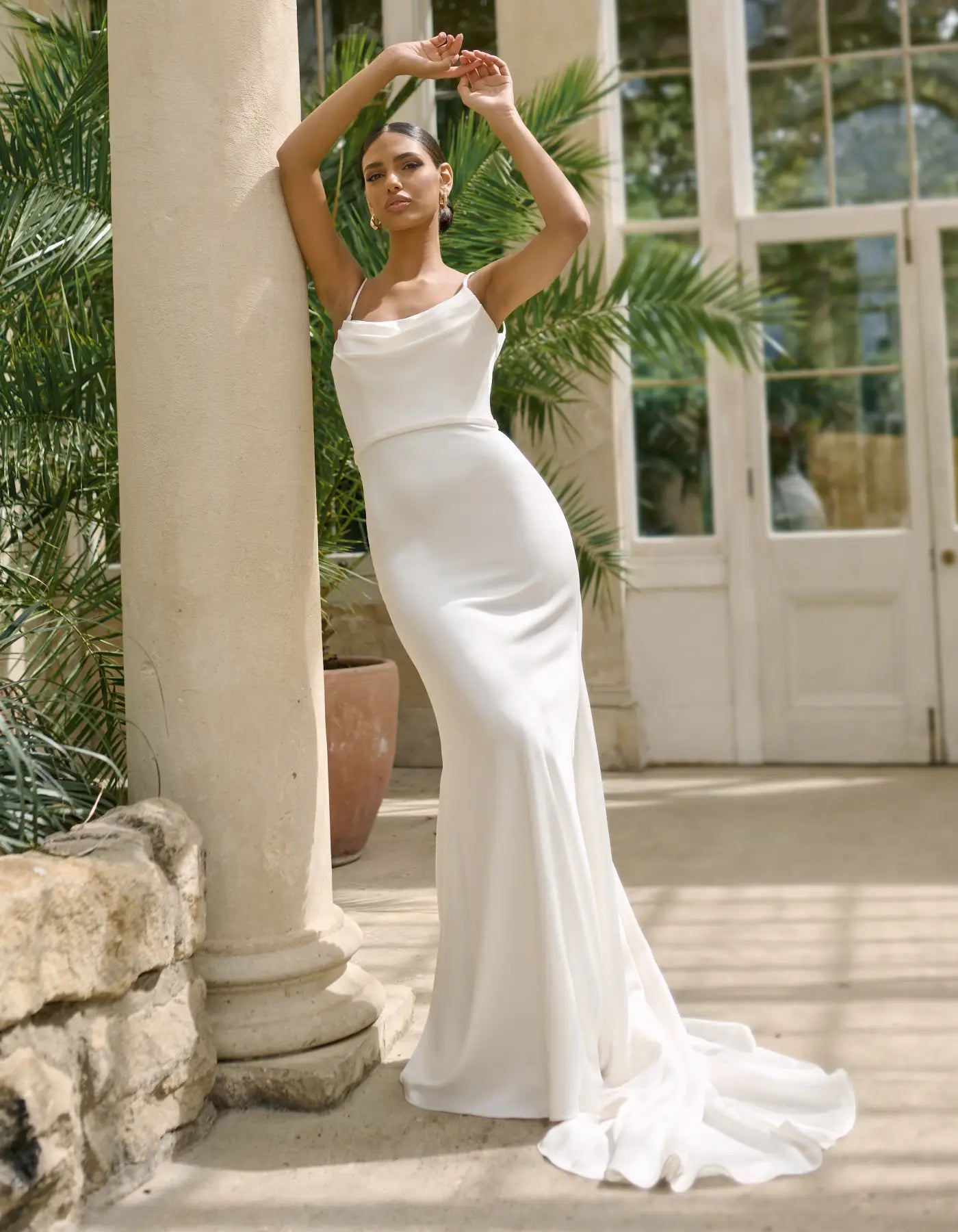 a simple sheath gown with cowl neckline