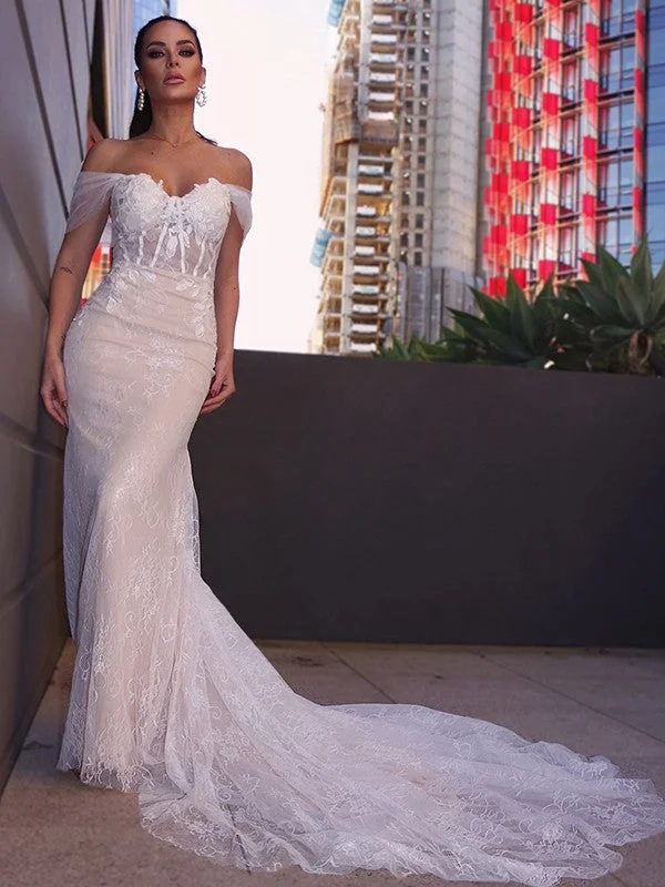 Sheath/Column Lace Sleeveless Off-the-Shoulder Applique Court Train Wedding Dresses