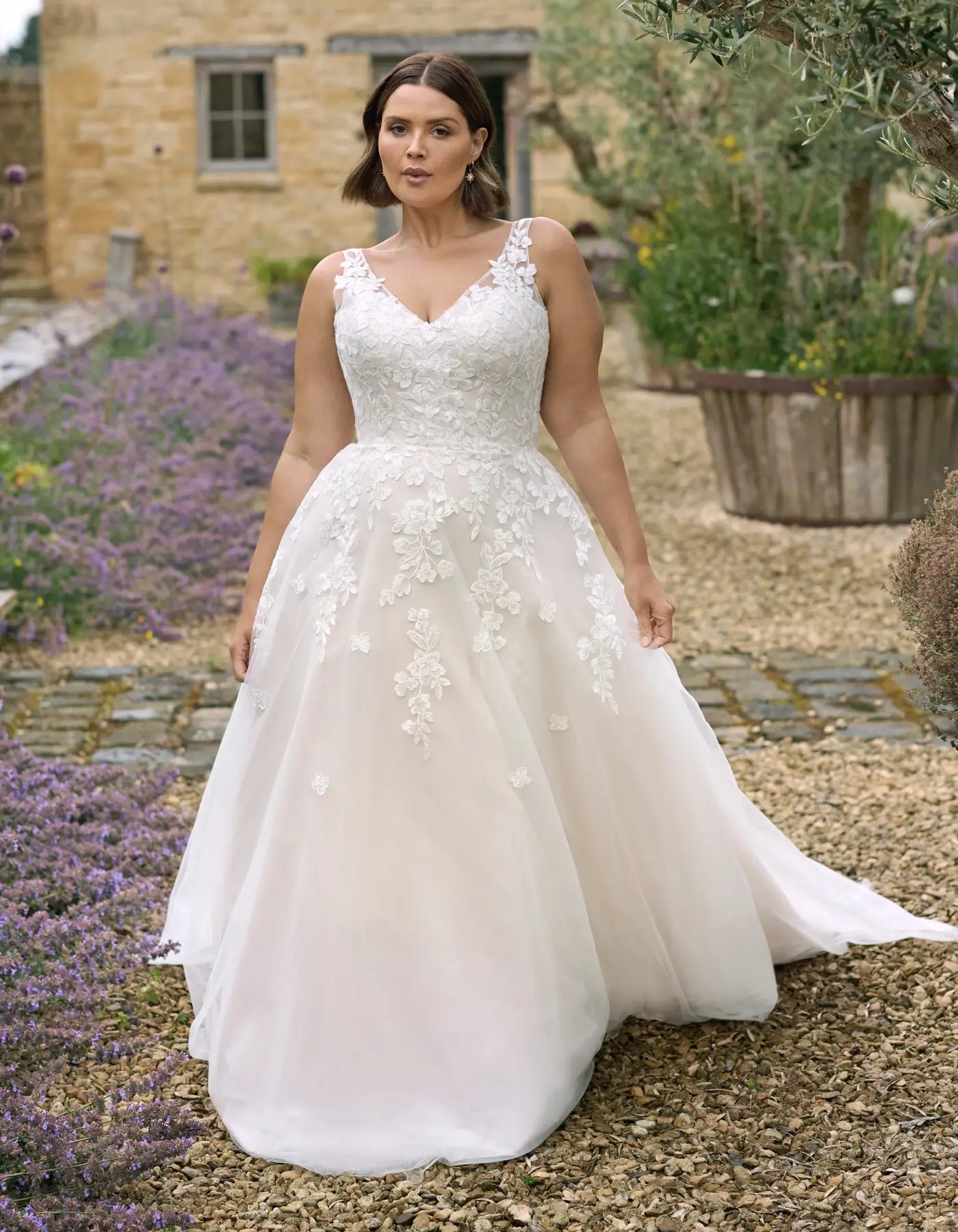 a floral lace a-line wedding dress