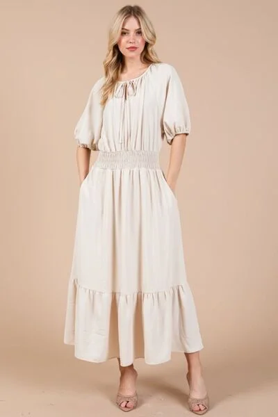 Smocked Elastic Waist Tie Neck Puff Sleeve Dress