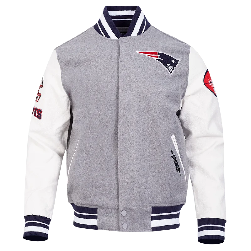 NFL NEW ENGLAND PATRIOTS OLD ENGLISH MEN'S RIB WOOL VARSITY JACKET (HEATHER GREY/WHITE/MIDNIGHT NAVY)