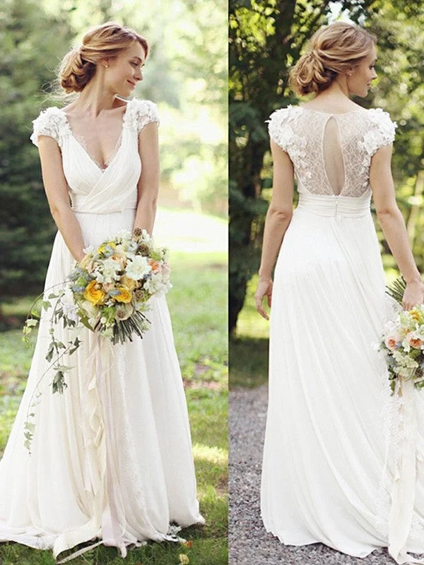 A-Line/Princess Chiffon Ruched V-neck Short Sleeves Sweep/Brush Train Wedding Dresses