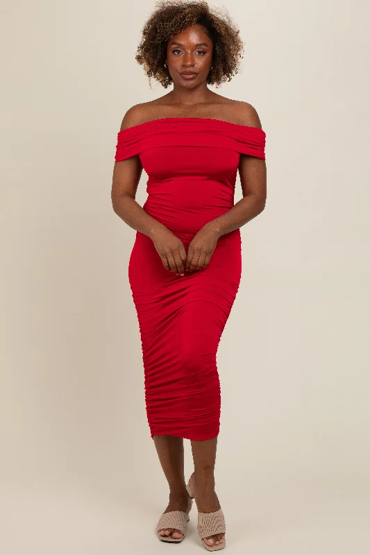 Red Off Shoulder Ruched Midi Dress