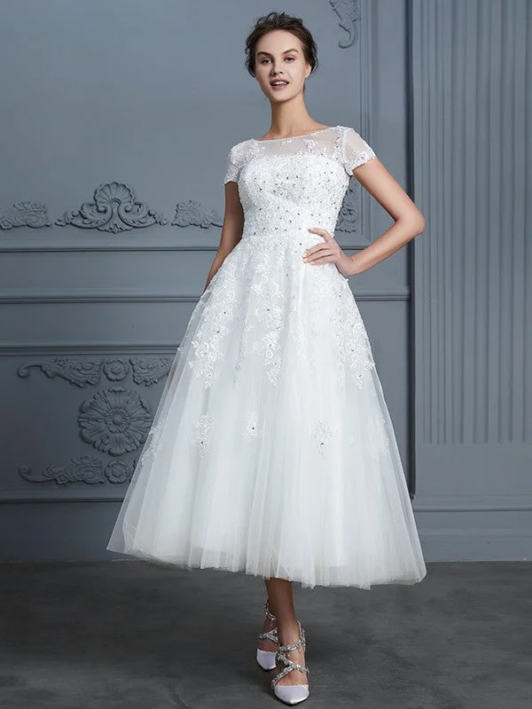 A-Line/Princess Scoop Short Sleeves Tea-Length Beading Tulle Wedding Dresses