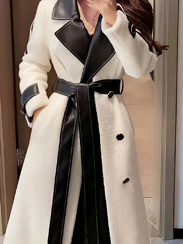 Sixsr Color Block Lapel Collar Belted Coat, Elegant Long Sleeve Plush Warm Outerwear, Women's Clothing