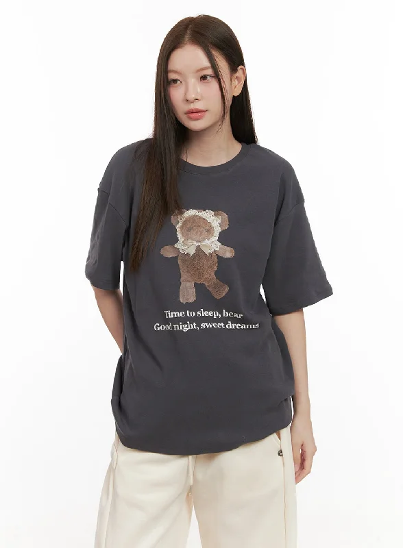 Lace Detail Graphic Bear Tee OD412