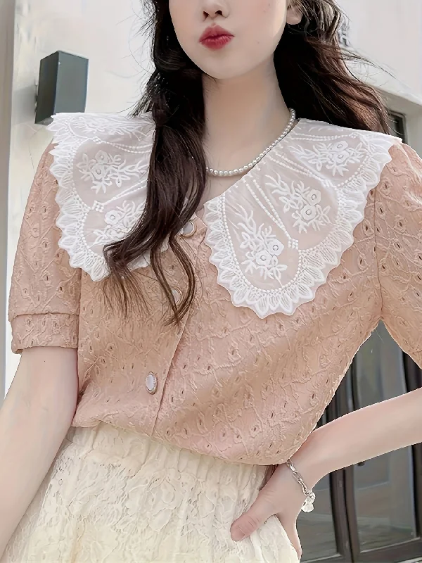 Sixsr Contrast Trim Elegant Blouse, Short Sleeve Blouse For Spring & Summer, Women's Clothing