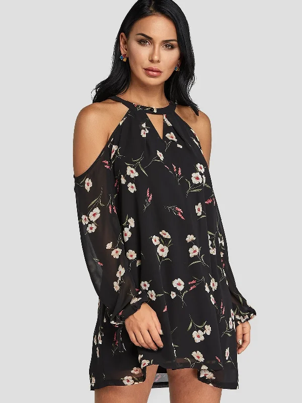 Wholesale Black Cold Shoulder Long Sleeve Floral Print Lace-Up Cut Out Mini Dresses