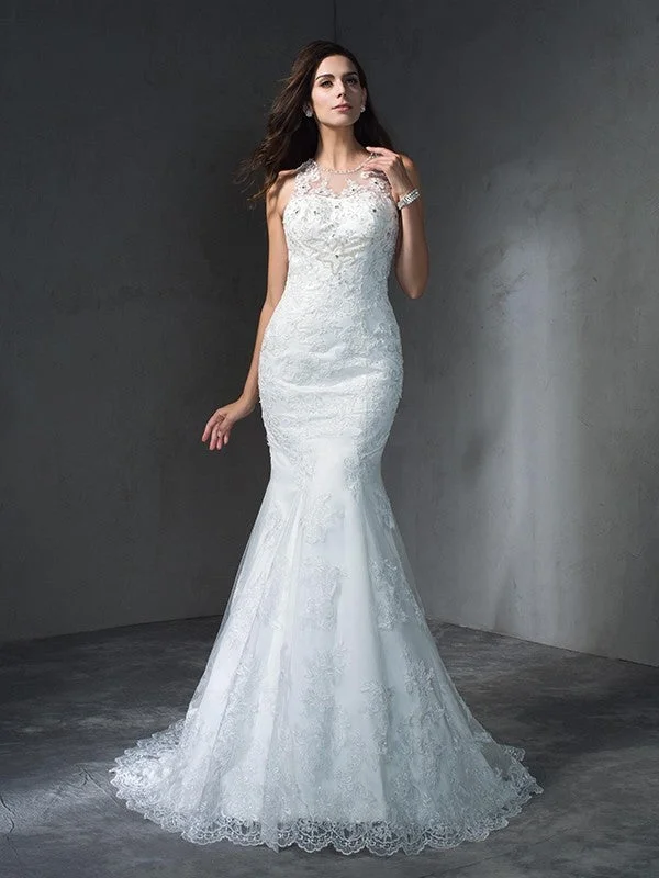 Trumpet/Mermaid Scoop Applique Sleeveless Long Lace Wedding Dresses