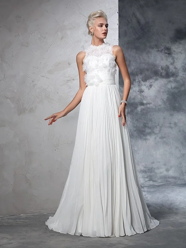 A-Line/Princess High Neck Pleats Sleeveless Long Chiffon Wedding Dresses