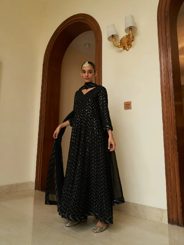 BLACK GEORGETTE ANARKALI SUIT WITH ALLOVER SEQUENCE WORK