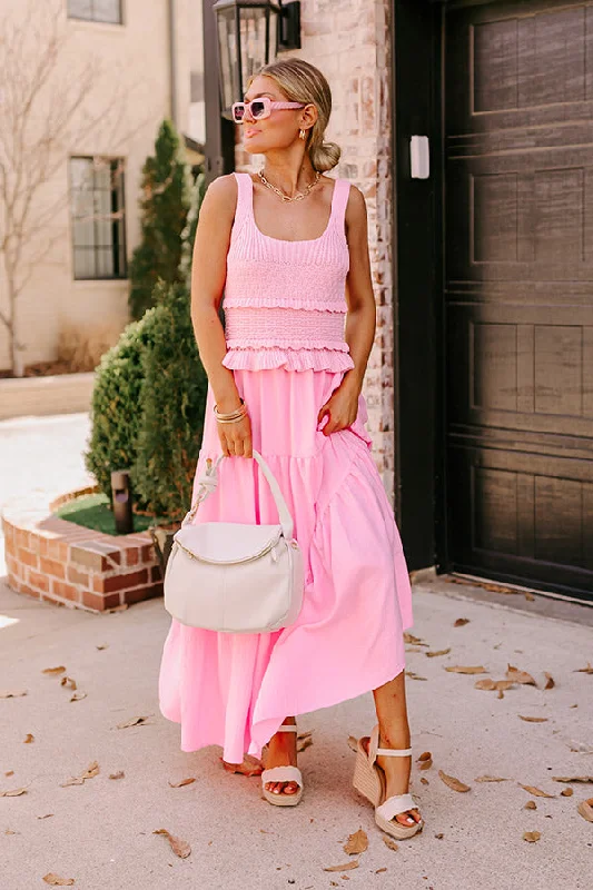 Sunset Beach Stroll Crochet Maxi Dress in Pink