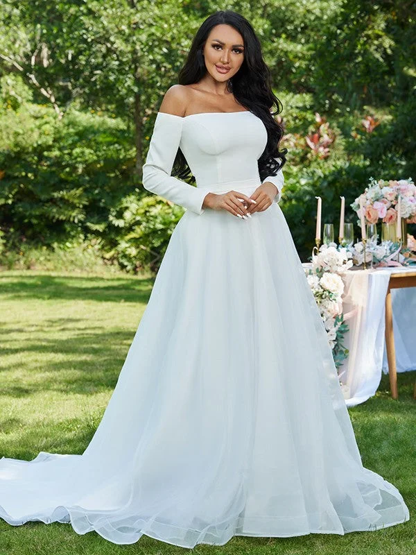 A-Line/Princess Tulle Ruffles Off-the-Shoulder Long Sleeves Sweep/Brush Train Wedding Dresses