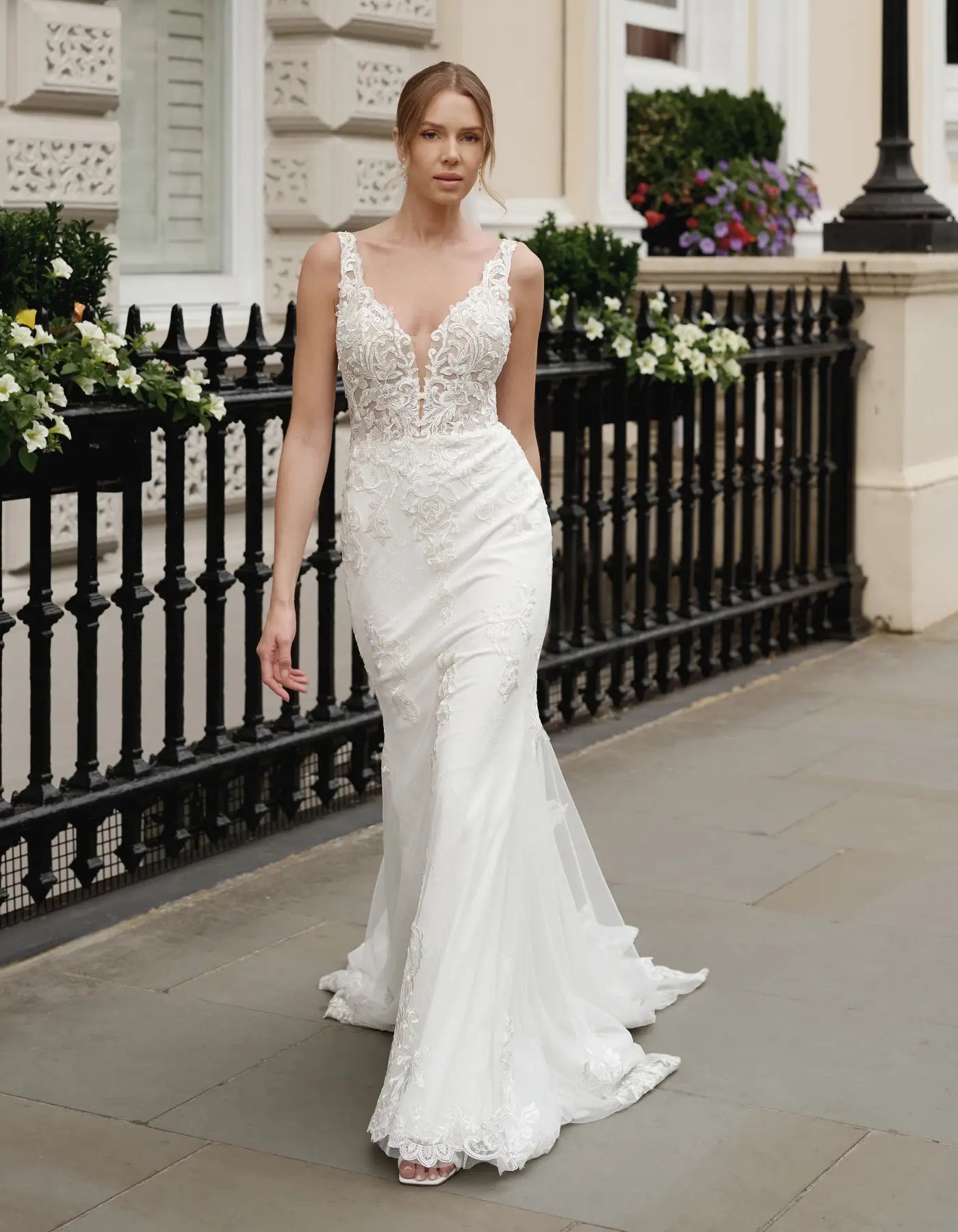 a modern lace sheath gown