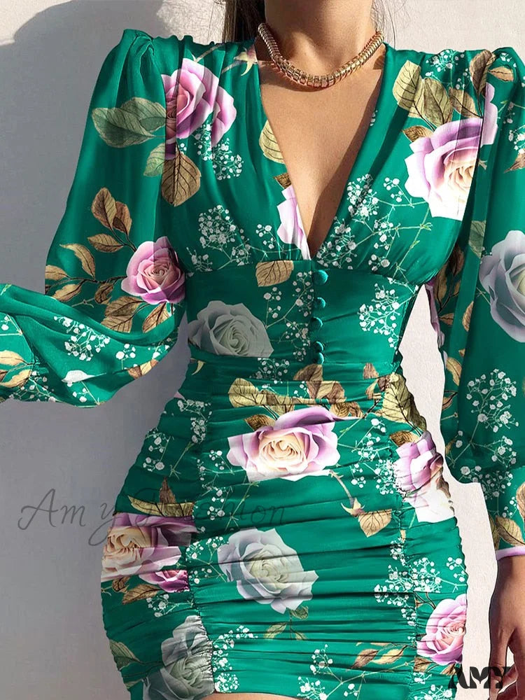 Amy Fashion - Sexy Puff Lantern Sleeve Plunge Floral Print Dress