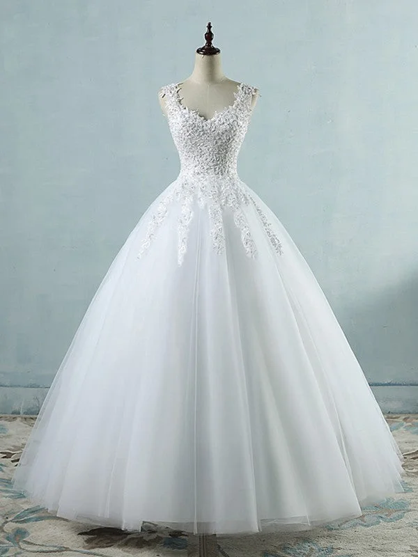 Ball Gown V-neck Sleeveless Sweetheart Floor-Length Applique Tulle Wedding Dresses