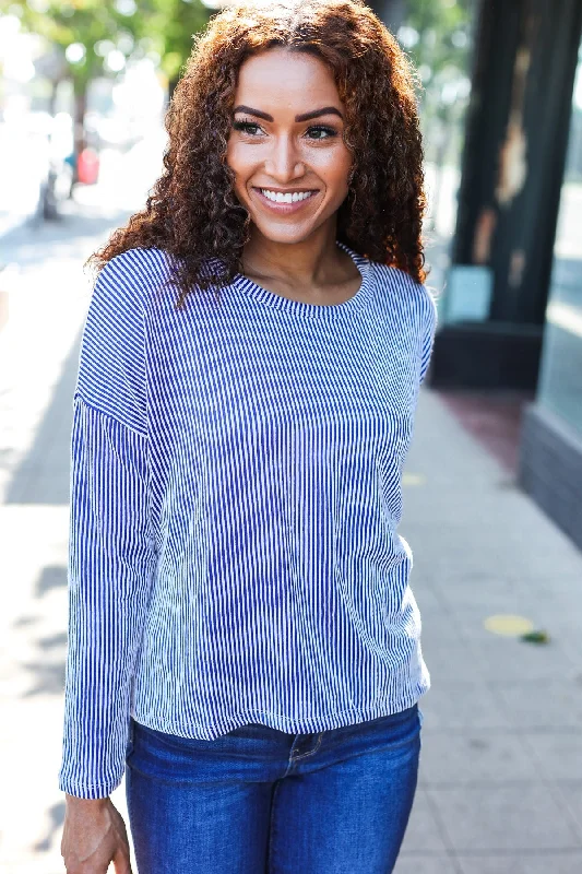 Hello Beautiful Blue Rib Dolman Cropped Sweater Top