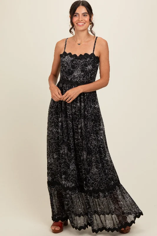 Black Floral Contrast Trim Maxi Dress