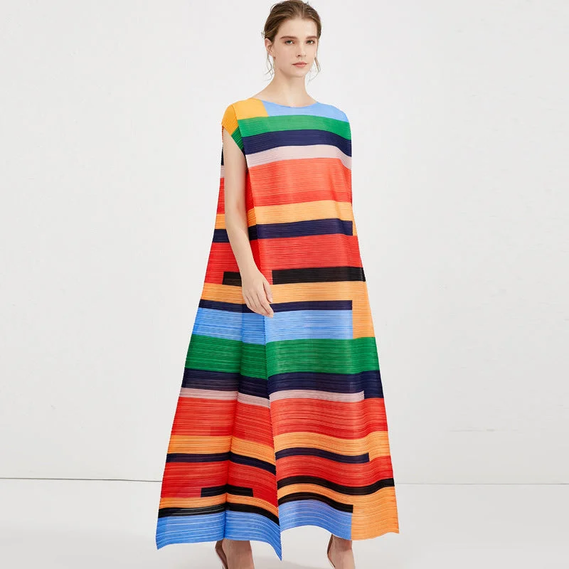 Miyake Pleated Contrast Striped Maxi Dress