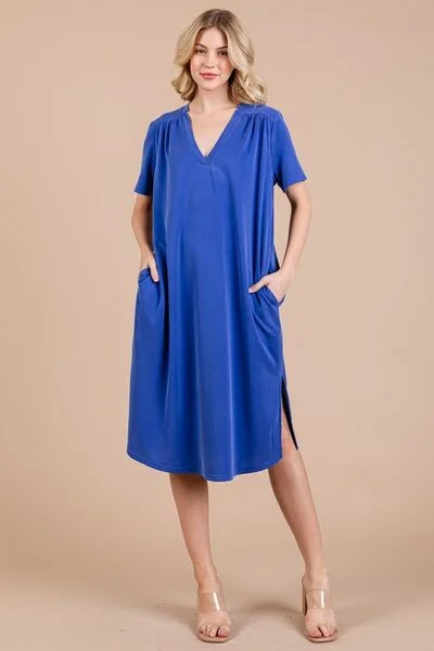 Side Slit Short Sleeve Midi Dress with Pockets